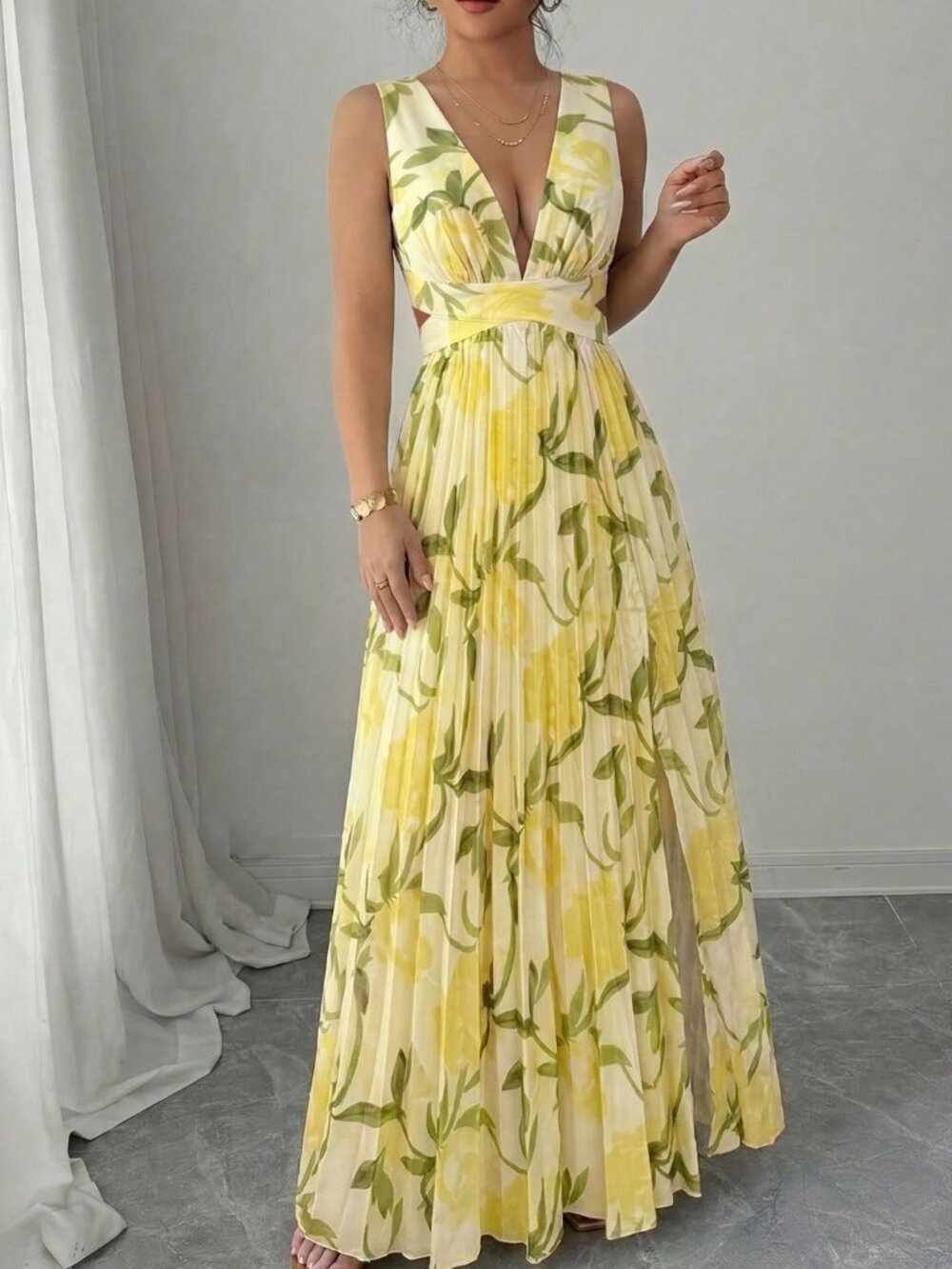 Light Yellow Boho Women's Sleeveless Tie-Waist A-Line Slit Floral Print Dress